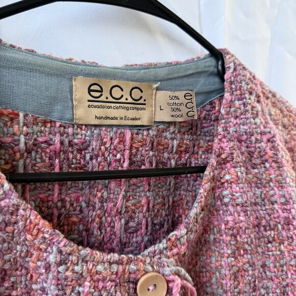 E.C.C. Ecuadorian Handmade Wool Cotton Fringe Jacket Pink Textured Tweed Size L - Picture 2 of 4